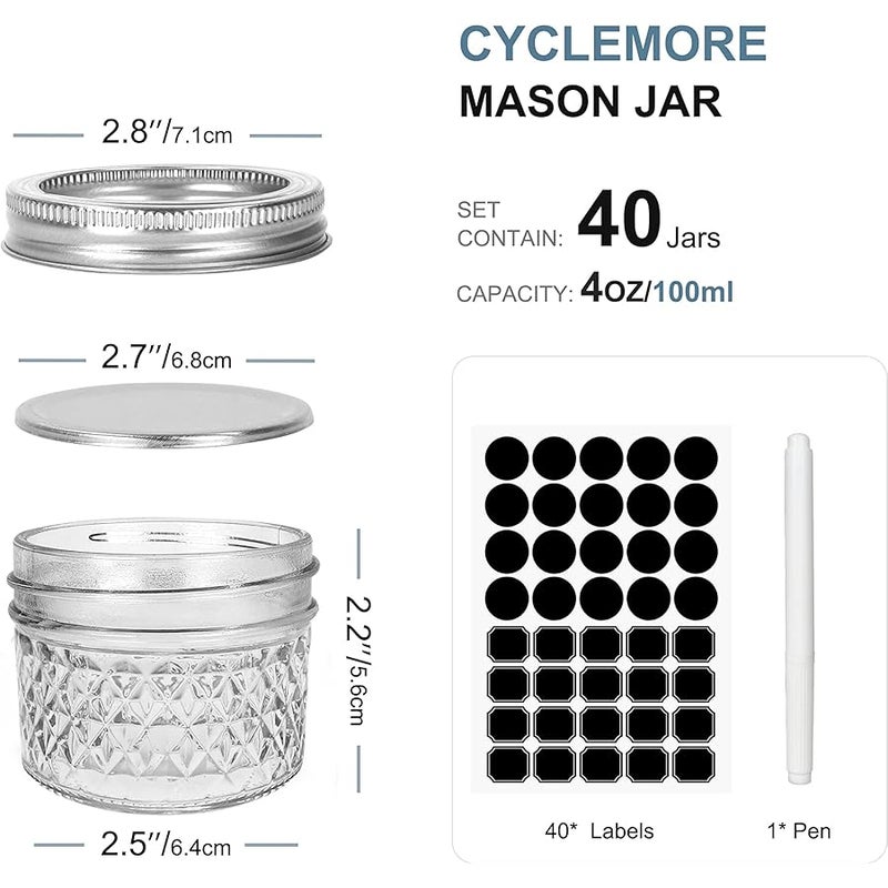 CycleMore 40 Pcs 4oz Clear Glass Mini Mason Jars With Silver Separable Lids and Diamond appearance, Small Spice Canning Jars for Honey, Jam, Jelly, Wedding Favors, Kitchen Food Storage - Image 2