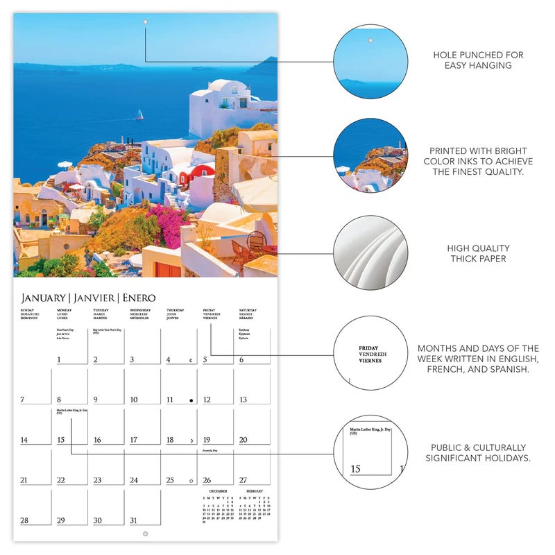 Graphique 2024 Greek Isles Wall Calendar | 12â€ x 12â€ | Thick Paper | Home & Office Organizer | Large Monthly Grid | 3 Languages & Marked Holidays | 4 Month Preview Page for 2025 - Image 3