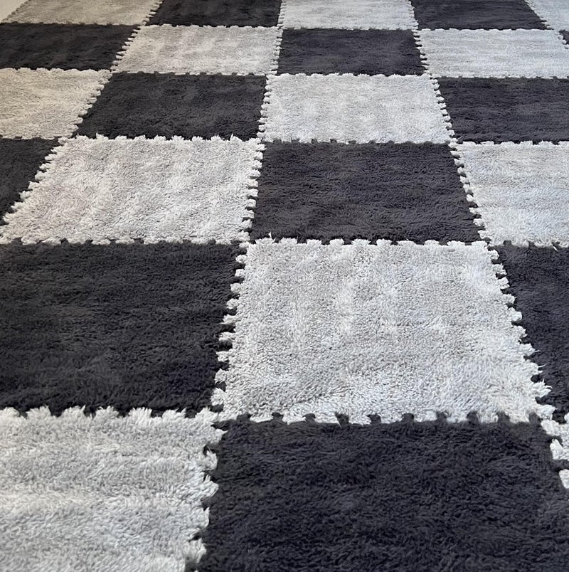 BXEBUI 12pcs Carpet Squares Puzzle Floor Mat, Plush Interlocking Carpet Tiles, Anti Slip EVA Foam Jigsaw Floor Tiles, Build A Safe Area for Bedroom Playroom (Grey+Black) - Image 3