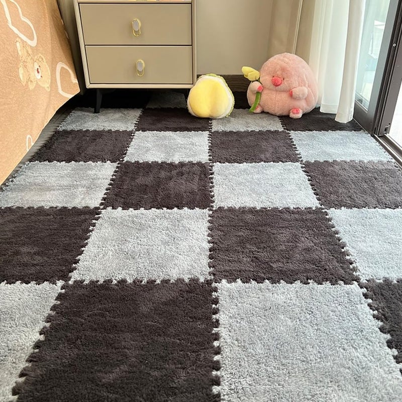 BXEBUI 12pcs Carpet Squares Puzzle Floor Mat, Plush Interlocking Carpet Tiles, Anti Slip EVA Foam Jigsaw Floor Tiles, Build A Safe Area for Bedroom Playroom (Grey+Black) - Image 1