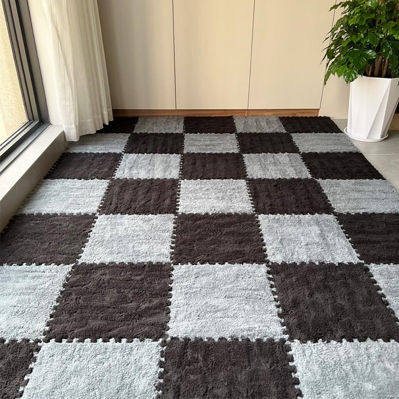 BXEBUI 12pcs Carpet Squares Puzzle Floor Mat, Plush Interlocking Carpet Tiles, Anti Slip EVA Foam Jigsaw Floor Tiles, Build A Safe Area for Bedroom Playroom (Grey+Black) - Image 2