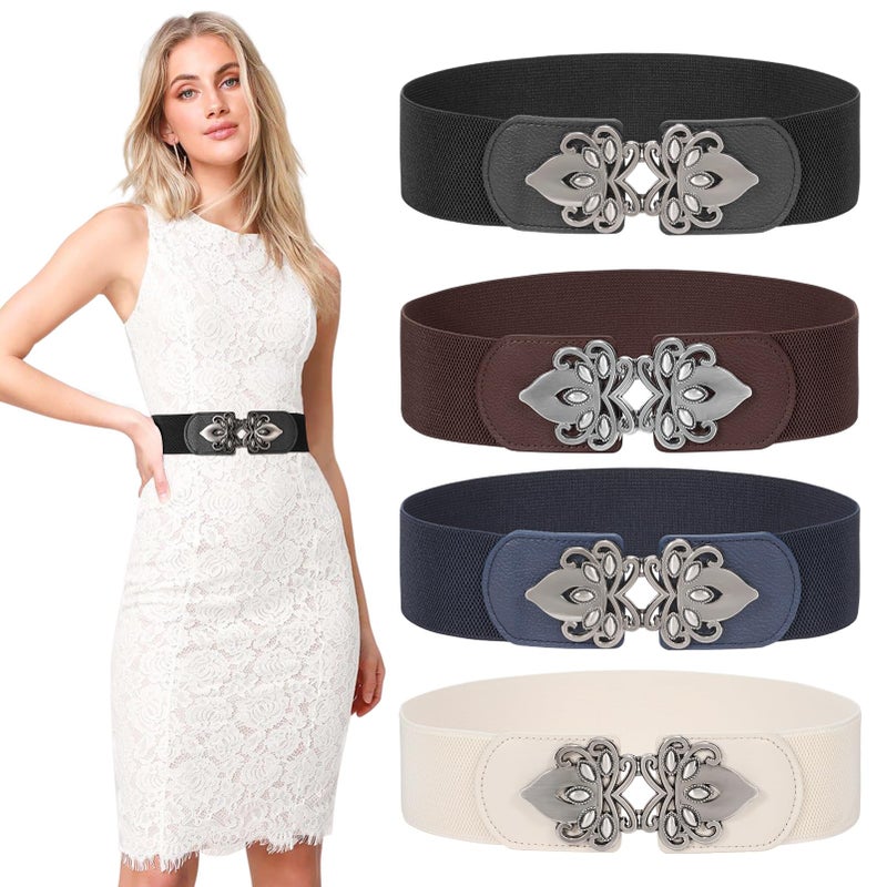 LEACOOLKEY 4 Pack Women Wide Elastic Waist Belt for Dress Plus Size Vintage Stretch Belt Retro Buckle 2.36" Width - Image 1