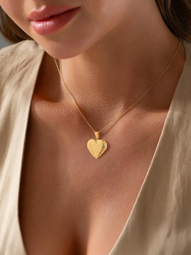 U7 Heart Locket Necklace with Blooming Flower Grain 14K Real Gold Plated Cable Link Chain Photo Locket Pendant for Women - Image 2