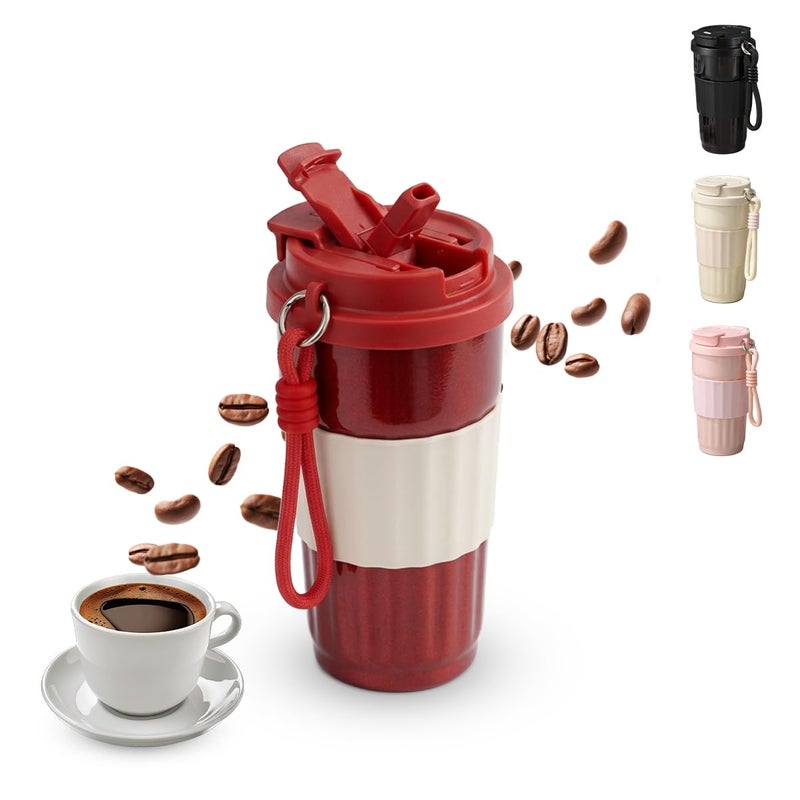 Travel Mug 500ml, Vacuum Insulated Stainless Steel Tumbler with Straw Lid, Carry Handle and Leak-Resistant Cover for Coffee, Tea, Car and Office, F-1537 (Red) - Image 1