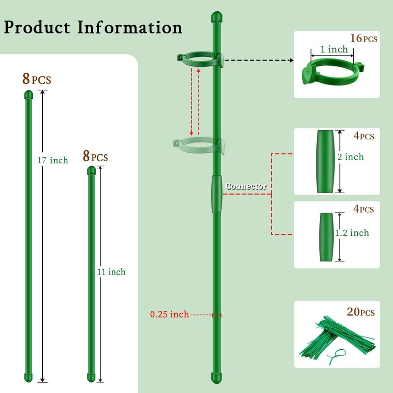 SupKing Plant Stakes 17inch &11inch SupKing Adjustable Length Plant Support Stake 16Pcs Orchid Stick with Clips for Indoor Outdoor,Garden Pole for Potted Tomato Amaryllis Vegetables Comes with 20 Ties (Green) - Image 2