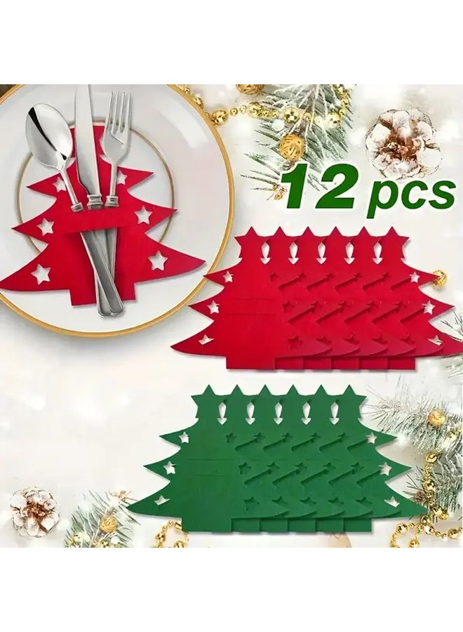 12 Pack Red Felt Christmas Tree Utensil Holder Forks Knives Spoons Display - Image 3