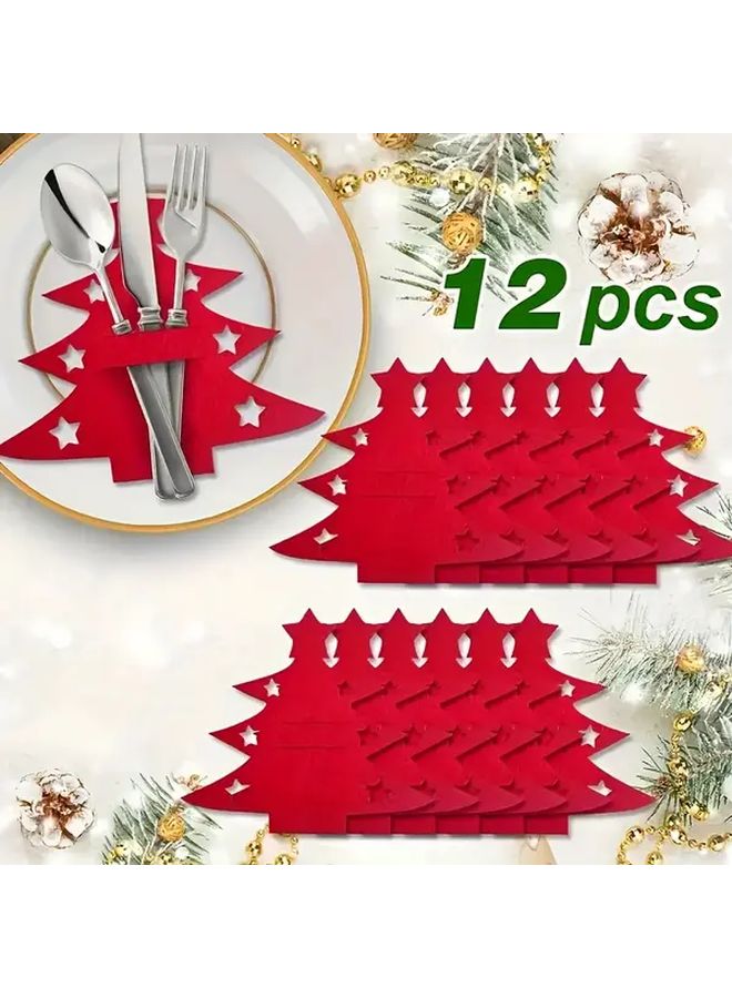 12 Pack Red Felt Christmas Tree Utensil Holder Forks Knives Spoons Display - Image 1