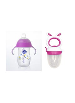 Bubbles Set Natural Cup and Feeding Bottle 2 in 1 280ml Pink + Fruit Teether Pink