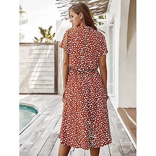 BROVAVE Women's Summer Polka Dot Print Shirt Dress Vintage Short Sleeve Button Down Midi Dress(Orange, L) - Image 3