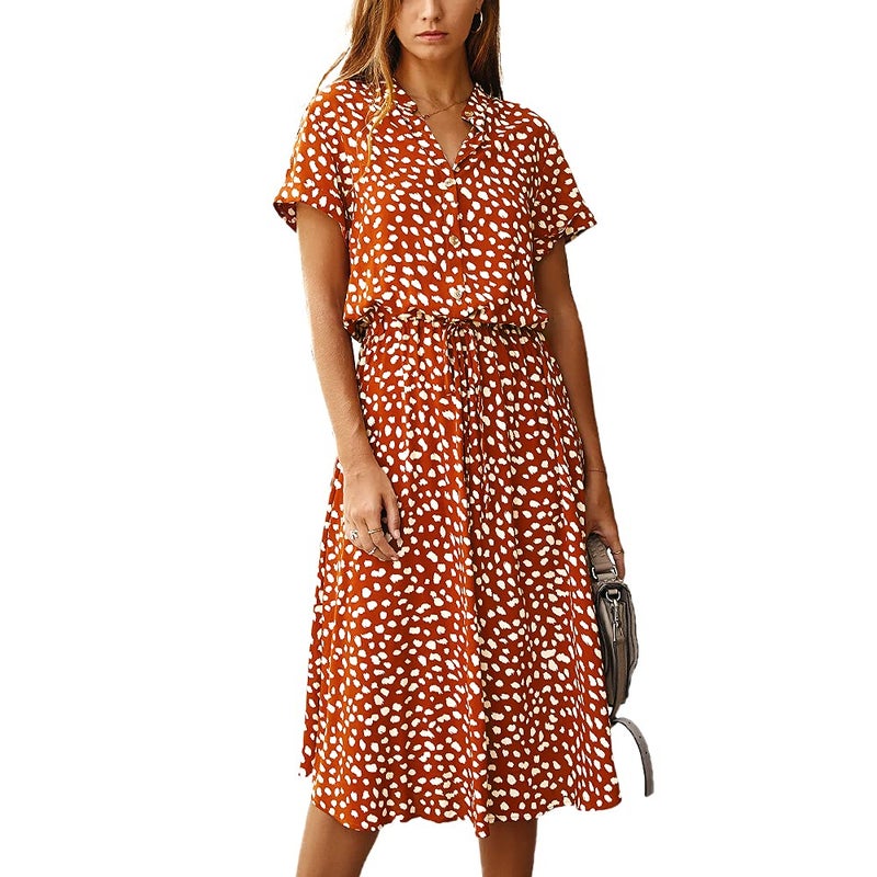 BROVAVE Women's Summer Polka Dot Print Shirt Dress Vintage Short Sleeve Button Down Midi Dress(Orange, L) - Image 5