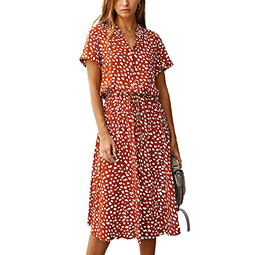 BROVAVE Women's Summer Polka Dot Print Shirt Dress Vintage Short Sleeve Button Down Midi Dress(Orange, L) - Image 1