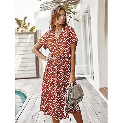 BROVAVE Women's Summer Polka Dot Print Shirt Dress Vintage Short Sleeve Button Down Midi Dress(Orange, L) - Image 2