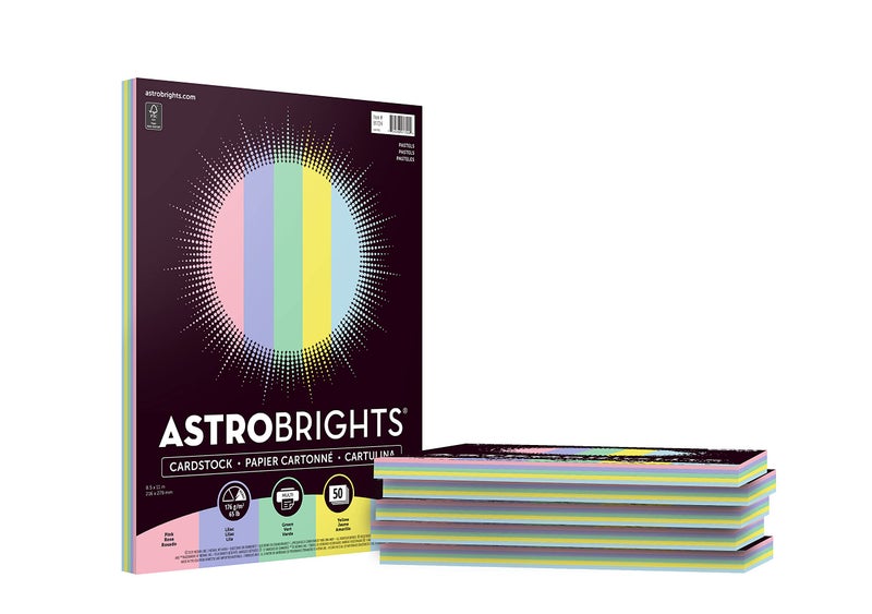 Astrobrights ورق كاردستوك ملون من أستروبرايتس، 8.5" × 11" 65 رطل/176 جرام، مجموعة 5 ألوان "باستيل"، 6 عبوات فردية من 50 ورقة متنوعة - 300 ورقة إجمالاً - Image 1