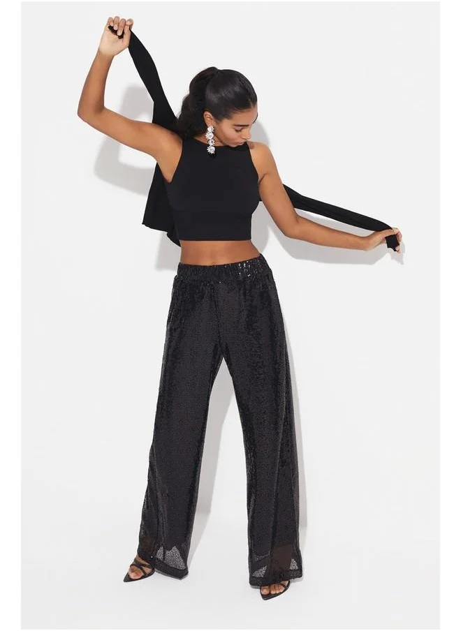 JUNE June Sequined Loose Trouser Black