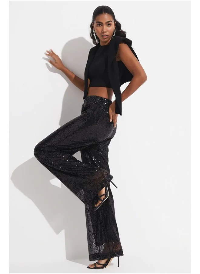 JUNE June Sequined Loose Trouser Black