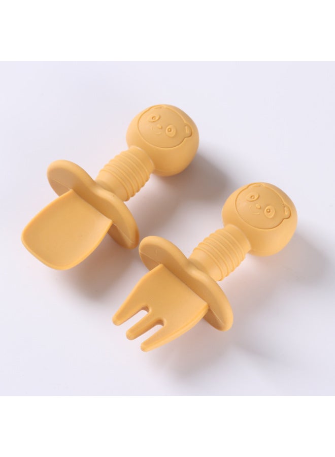 Food Grade Children's Wooden Handle Silicone Spoon Fork Tableware Baby Training Complementary Food Spoon Baby Feeding Spoon Fork-Specifications:Default-Color:Orange (full Silicone + Short Spoon + Short Fork) - Image 1