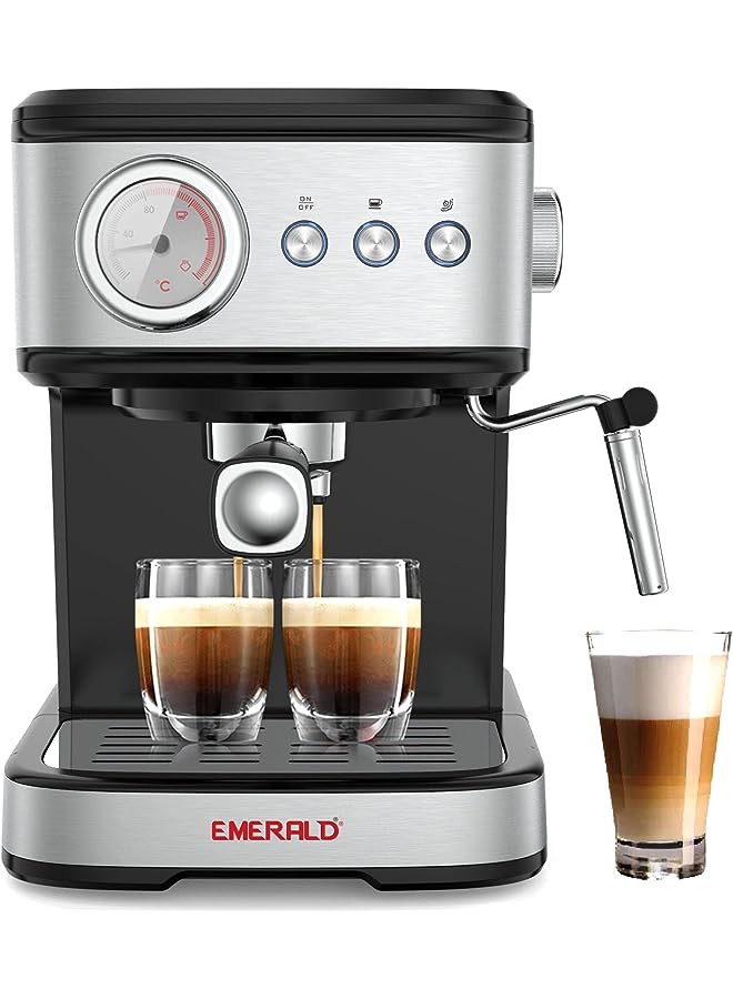 Emerald - Brush Stainless Steel Automatic Coffee Machine, Espresso and Cappuccino Maker. 20 Bar, 1.5 Litre Water Tank, Frothing Function, Removable Drip Tray. - Image 1