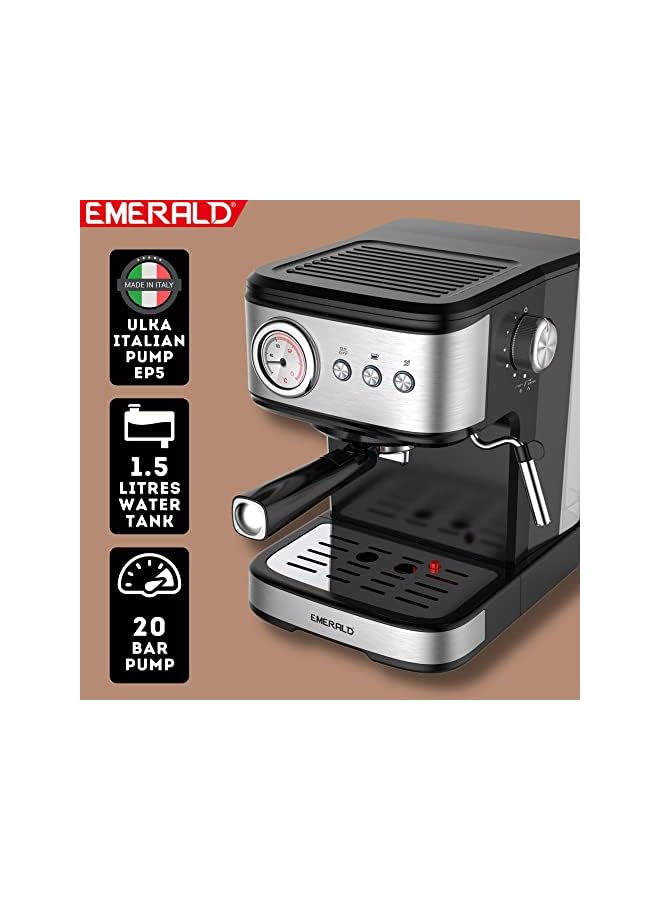 Emerald - Brush Stainless Steel Automatic Coffee Machine, Espresso and Cappuccino Maker. 20 Bar, 1.5 Litre Water Tank, Frothing Function, Removable Drip Tray. - Image 3