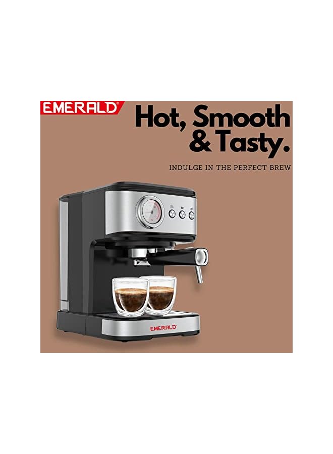 Emerald - Brush Stainless Steel Automatic Coffee Machine, Espresso and Cappuccino Maker. 20 Bar, 1.5 Litre Water Tank, Frothing Function, Removable Drip Tray. - Image 2