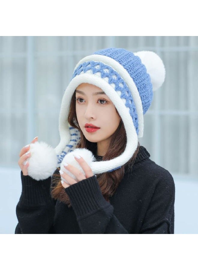 Huamulan Women Winter Peruvian Cover Ears Beanie Hat Ear Flaps Sherpa Ski Snow Hats Knit Fleece Lined 3 Pom Pom, E302415-blue, One size - Image 2