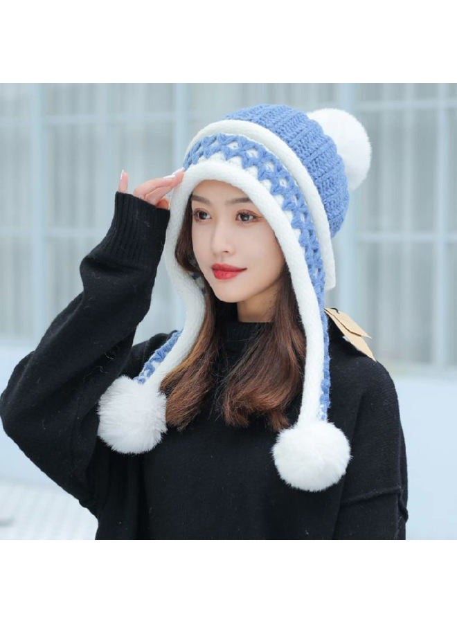 Huamulan Women Winter Peruvian Cover Ears Beanie Hat Ear Flaps Sherpa Ski Snow Hats Knit Fleece Lined 3 Pom Pom, E302415-blue, One size - Image 3