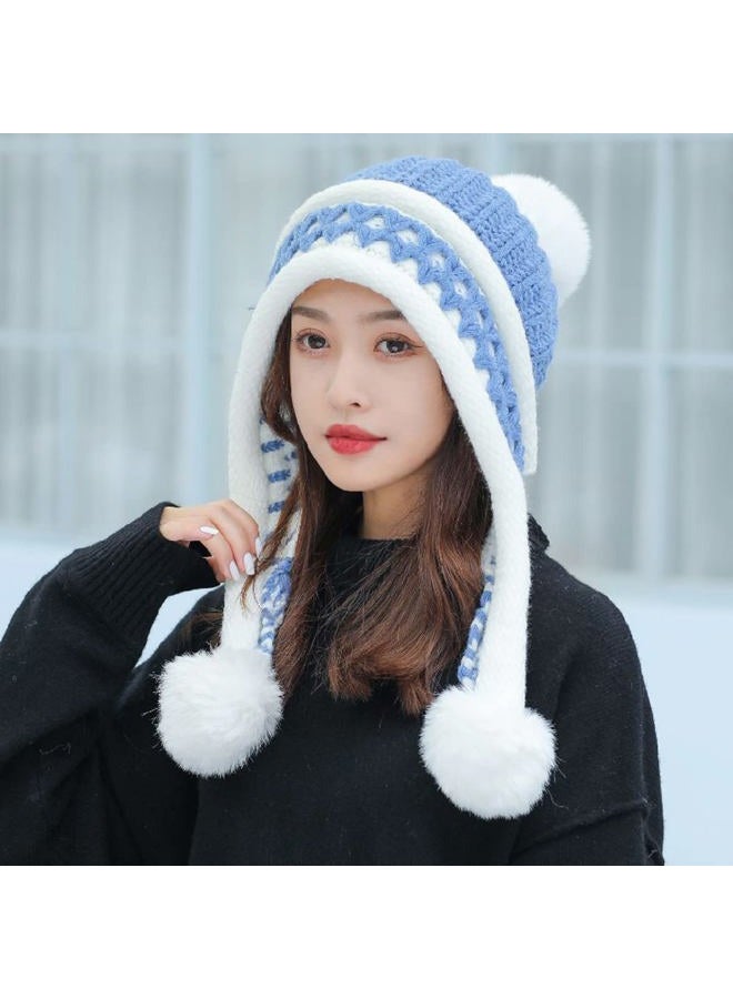 Huamulan Women Winter Peruvian Cover Ears Beanie Hat Ear Flaps Sherpa Ski Snow Hats Knit Fleece Lined 3 Pom Pom, E302415-blue, One size - Image 5