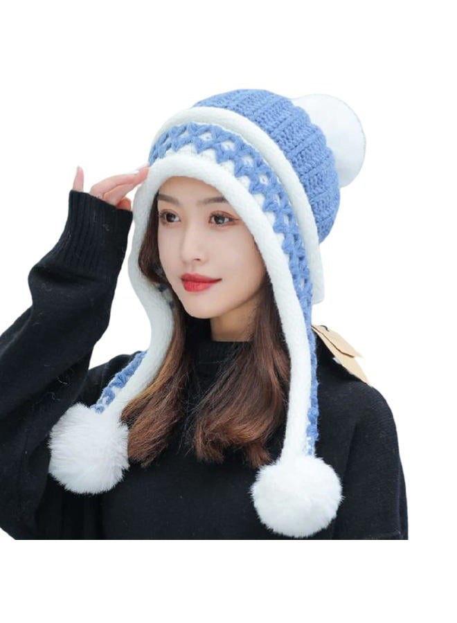Huamulan Women Winter Peruvian Cover Ears Beanie Hat Ear Flaps Sherpa Ski Snow Hats Knit Fleece Lined 3 Pom Pom, E302415-blue, One size - Image 1
