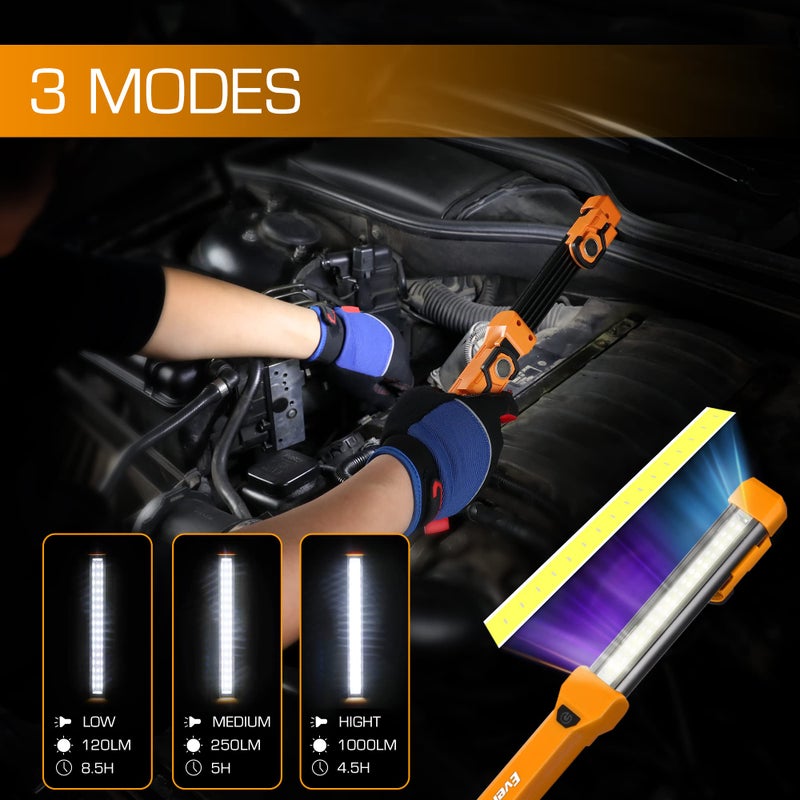 EverBrite 1000LM LED Work Light, Rechargeable Work Light for Mechanics with Dual Magnetic Bases&Hanging Hooks, 4 Lighting Modes, USB C Cable, Ideal Christmas Gift for Car Repair, Working, Pack of 2 - Image 4