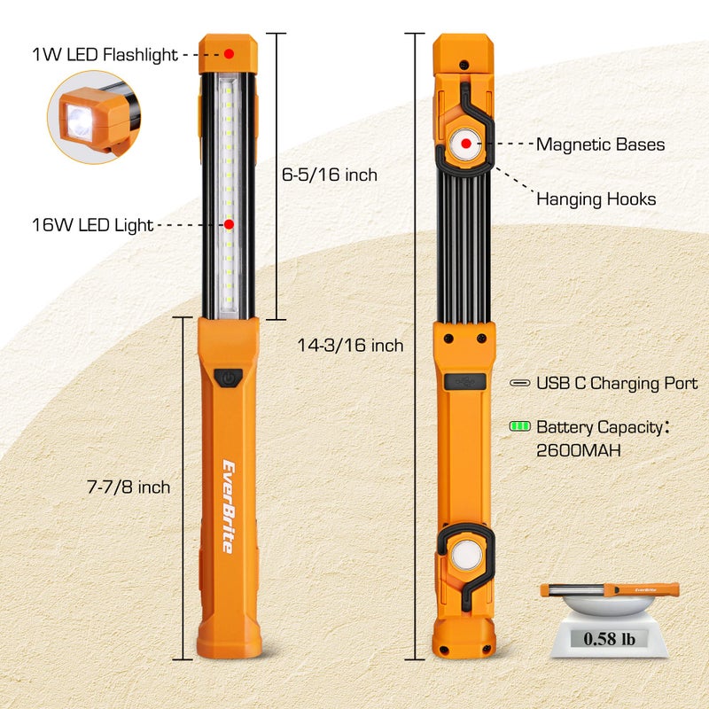 EverBrite 1000LM LED Work Light, Rechargeable Work Light for Mechanics with Dual Magnetic Bases&Hanging Hooks, 4 Lighting Modes, USB C Cable, Ideal Christmas Gift for Car Repair, Working, Pack of 2 - Image 5