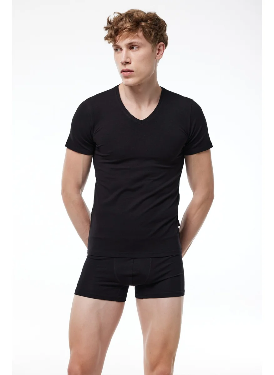 مالابادي Men's Black V Neck Short Sleeve Modal Bodysuit 032