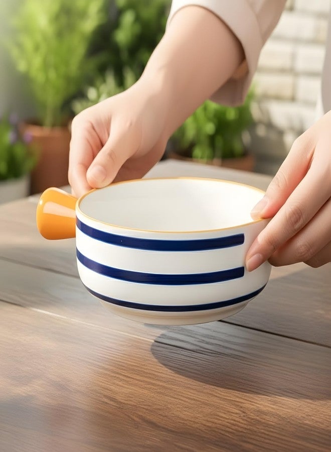 Femora Ceramic Multipurpose Snack Bowl (700ml) | White & Blue Design with Easy-Grip Yellow Handle |Set of 2 | Microwave, Oven & Dishwasher Safe | Ideal for Noodles, Soup, Salads, and Baking - Image 2