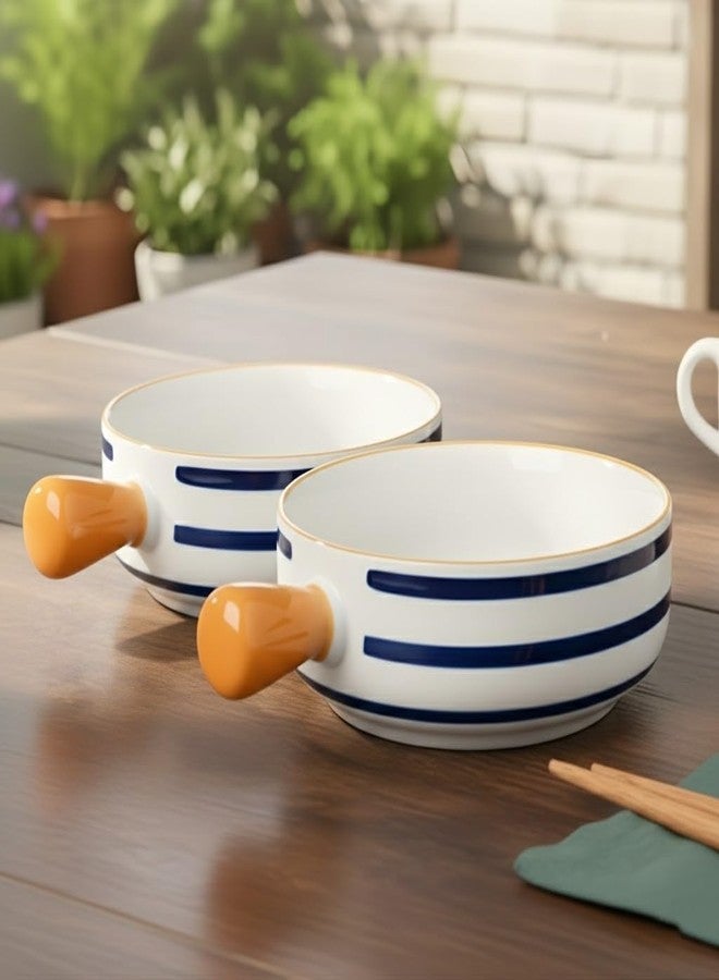 Femora Ceramic Multipurpose Snack Bowl (700ml) | White & Blue Design with Easy-Grip Yellow Handle |Set of 2 | Microwave, Oven & Dishwasher Safe | Ideal for Noodles, Soup, Salads, and Baking - Image 1