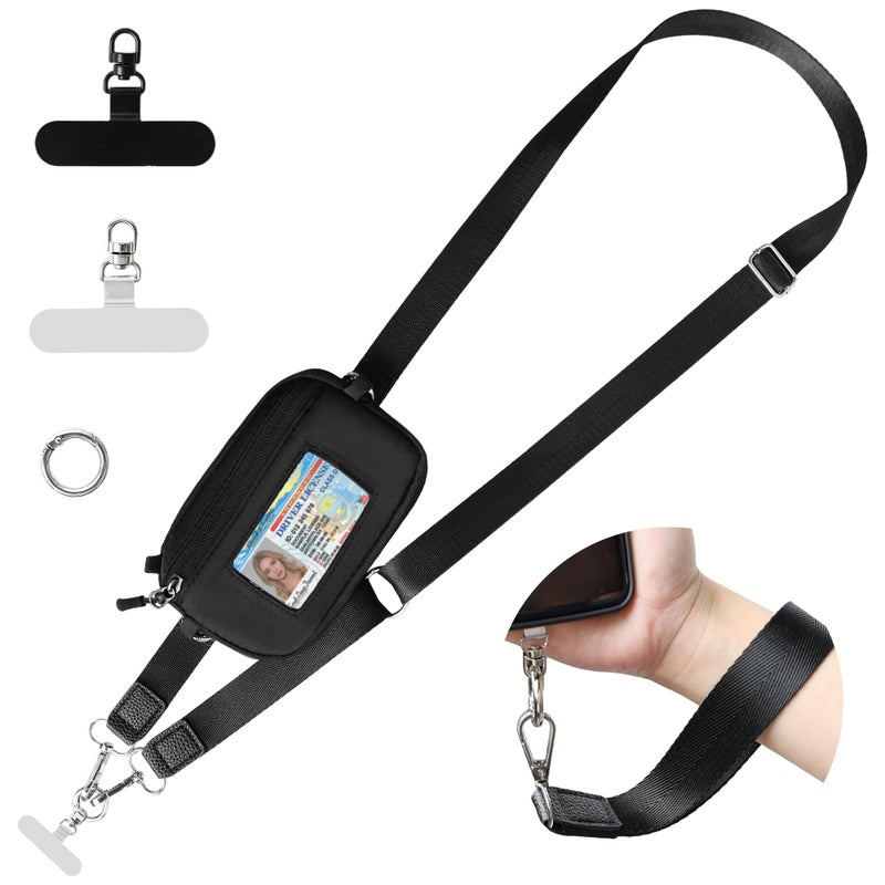 FUVLIFE Clip and Go Phone Strap Crossbody with RFID Wallet, Cell Phone Lanyard for Women, Detachable Wristlet Wallet with ID Window and Zip (Black) - Image 1
