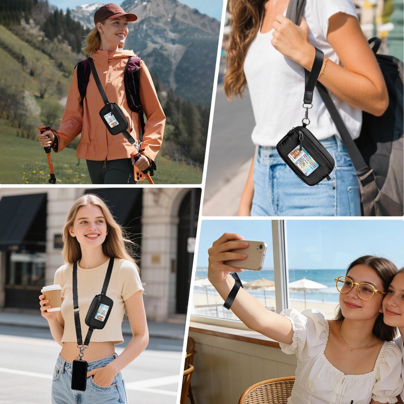 FUVLIFE Clip and Go Phone Strap Crossbody with RFID Wallet, Cell Phone Lanyard for Women, Detachable Wristlet Wallet with ID Window and Zip (Black) - Image 2