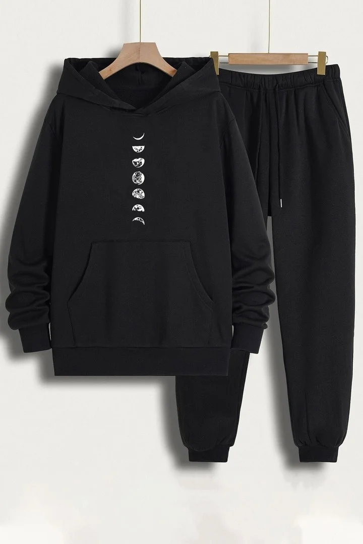 ONLYTRENDWEAR Unisex Moon Phases Printed Tracksuit Set S.m. Black