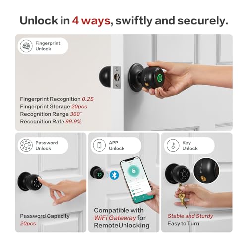 Lockin 4 in 1 Fingerprint Door Lock, Smart Door Knob with Lock, Biometric Door Lock with App Control & Key, Auto Door Lock with Code, Keyless Entry Door Lock for Bedroom, Front Door, Hotel, Apartment - Image 3