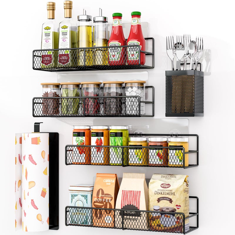 DTUQYX Spice Rack Wall Mounted 6 Pack 100 Metal Strong Adhesive Spice Organization for Kitchen CabinetPantry Door No Drill Hanging Seasoning Organizer with Paper Towel Holder Utensil Caddy - Image 2