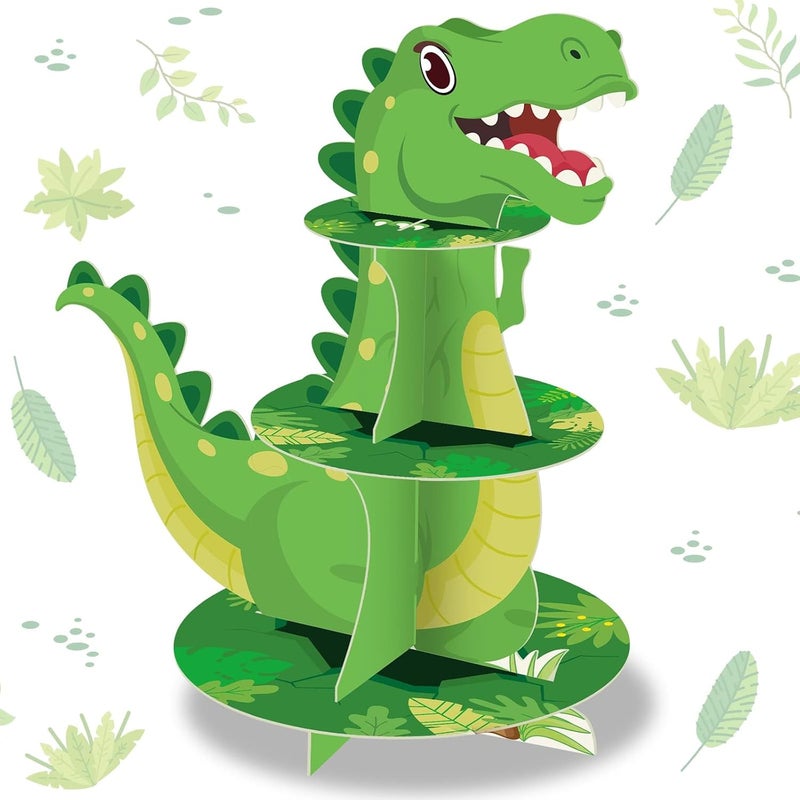 SWIUKPHE 3 Tier Dinosaur Cupcake Stand Party Decorations, Theme Cupcake Holder Decorations, Dinosaur Dessert Tower for Kids Jungle Theme Party Birthday Supplies - Image 1