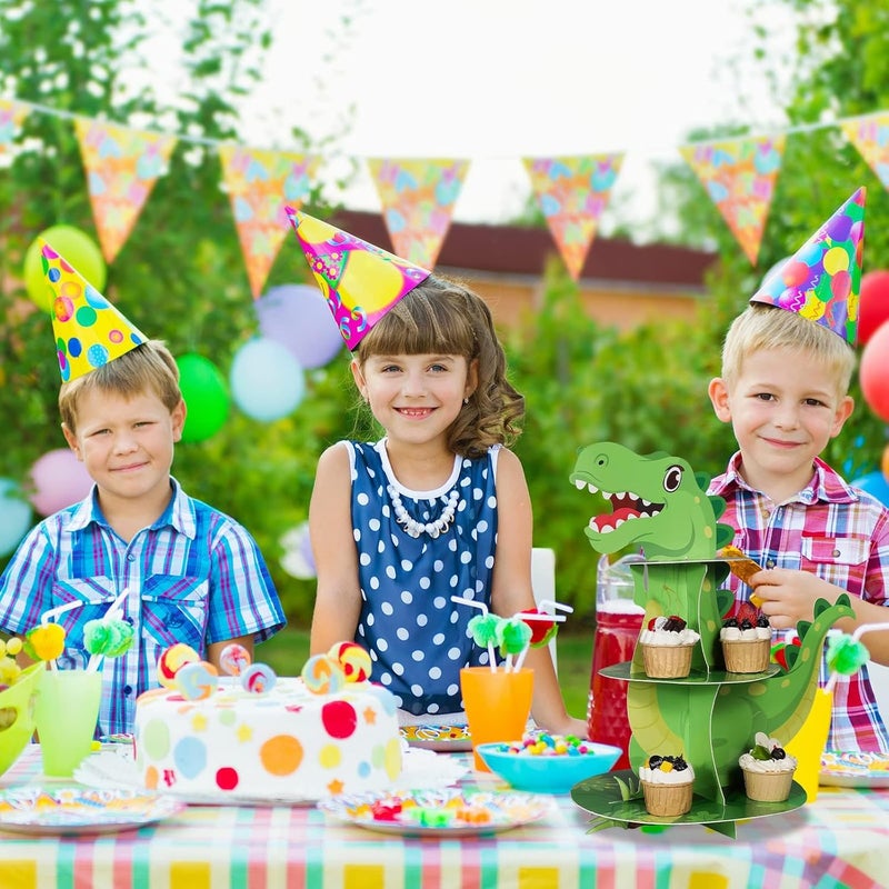 SWIUKPHE 3 Tier Dinosaur Cupcake Stand Party Decorations, Theme Cupcake Holder Decorations, Dinosaur Dessert Tower for Kids Jungle Theme Party Birthday Supplies - Image 4