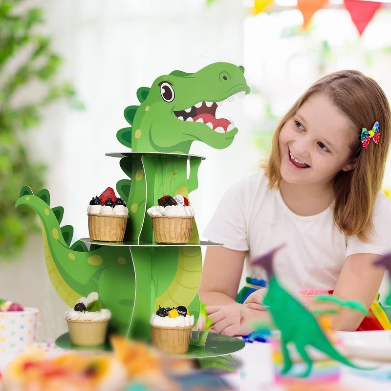 SWIUKPHE 3 Tier Dinosaur Cupcake Stand Party Decorations, Theme Cupcake Holder Decorations, Dinosaur Dessert Tower for Kids Jungle Theme Party Birthday Supplies - Image 2