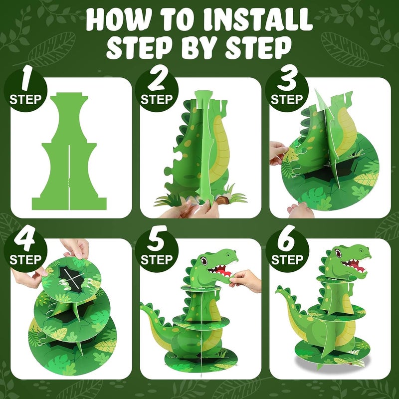 SWIUKPHE 3 Tier Dinosaur Cupcake Stand Party Decorations, Theme Cupcake Holder Decorations, Dinosaur Dessert Tower for Kids Jungle Theme Party Birthday Supplies - Image 5