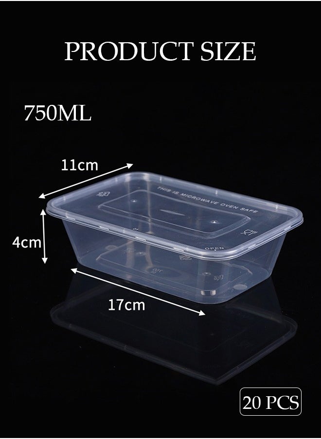 20-Pieces，750 ml Thickened Meal Prep Containers,Reusable Heatable Food Storage Circular Containers WIth Lids For Packing,Storage,17*11*4CM,Clear