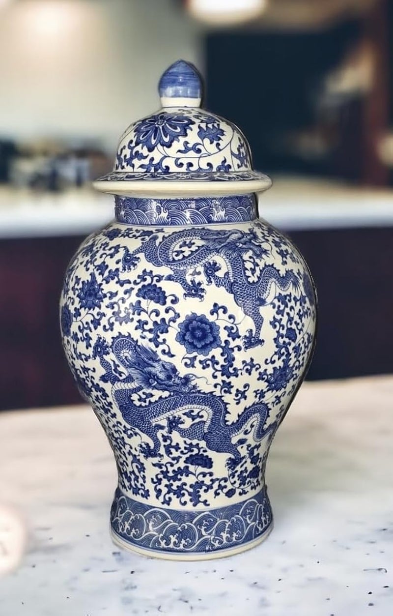 20 Classic Blue and White Floral Porcelain Ceramic Temple Ginger Jar Vase Large China Qing Style Dragon1
