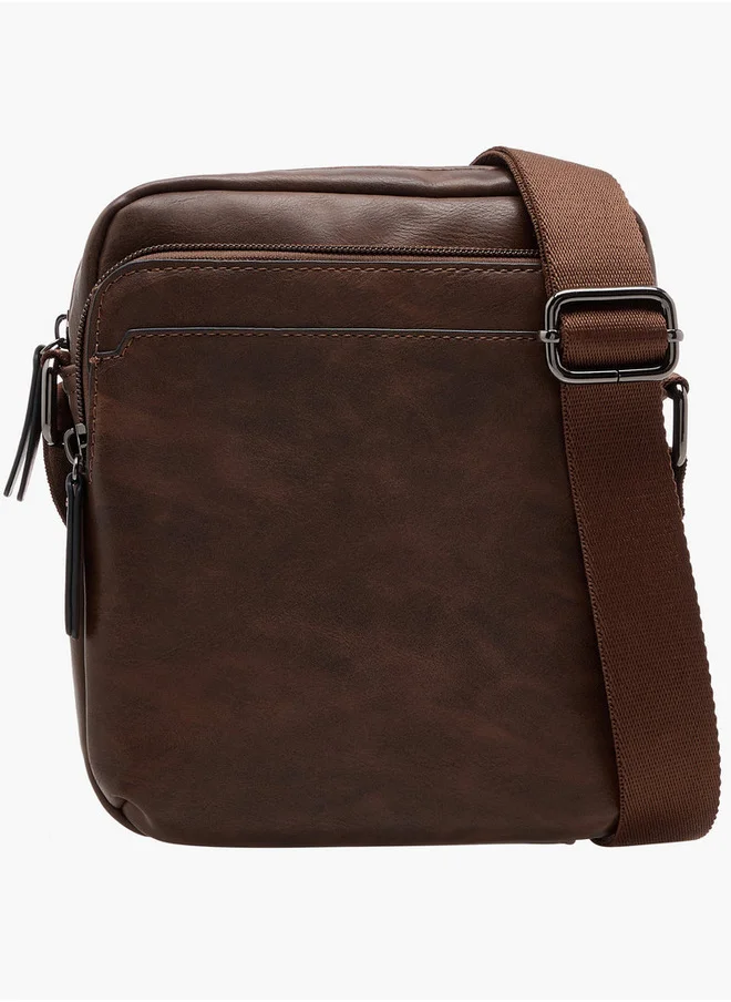 LBL by Shoexpress Men's Textured Crossbody Bag with Zip Closure and Adjustable Strap