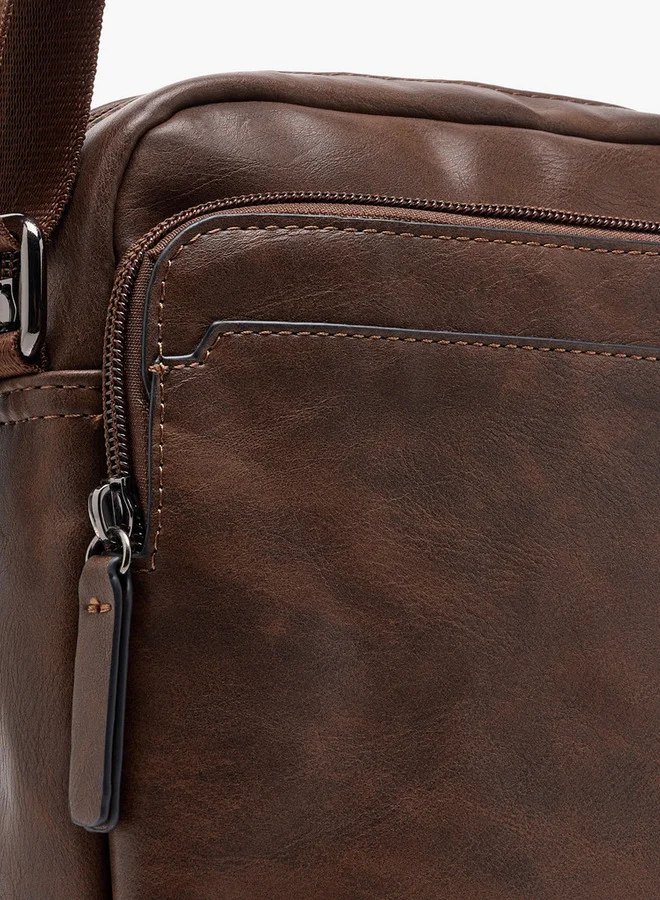 LBL by Shoexpress Men's Textured Crossbody Bag with Zip Closure and Adjustable Strap