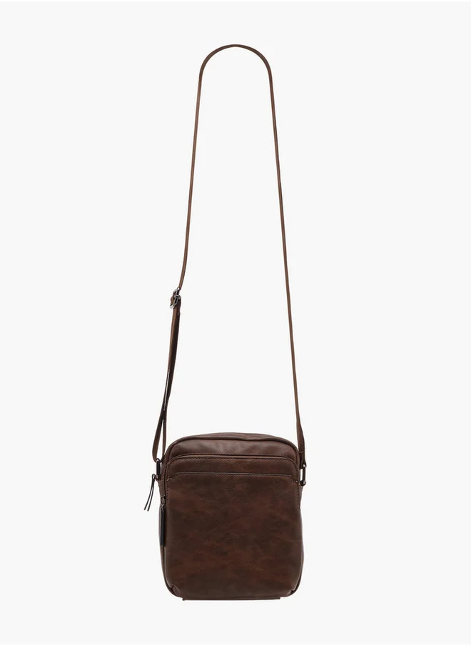 LBL by Shoexpress Men's Textured Crossbody Bag with Zip Closure and Adjustable Strap
