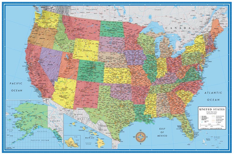 Swiftmaps 32x50 United States Classic Premier Blue Oceans 3D Wall Map Poster (32x50 Laminated) - Image 1