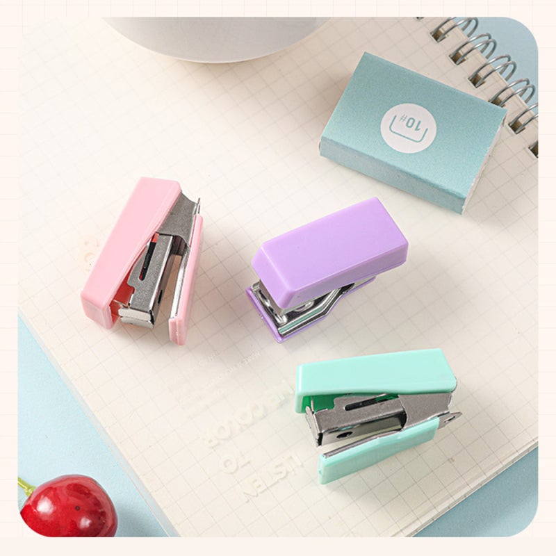 Small Stapler: Purple Desk Set - 7-Piece Stationery Kit With 400 Staples, Lined Book, Pens, Clips For Office, School, Study Spaces - Image 2