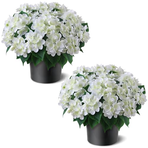FOTEEWL Artificial Hydrangea Flower Topiary Trees 2 Sets Faux Silk Flower Potted Plant UV Resistant Fake Outdoor Hydrangea Bush for Front Door FarmhouseGarden Porch Decor White - Image 1