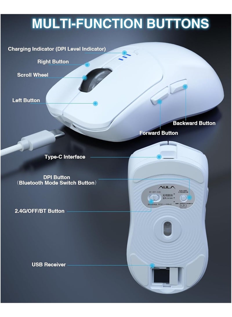 أولا ماوس لاسلكي AULA SC580 مزود بتقنية البلوتوث/2.4G/Type-C وبطارية 500 مللي أمبير/ساعة مع دعم 6 سرعات DPI للألعاب - Image 5